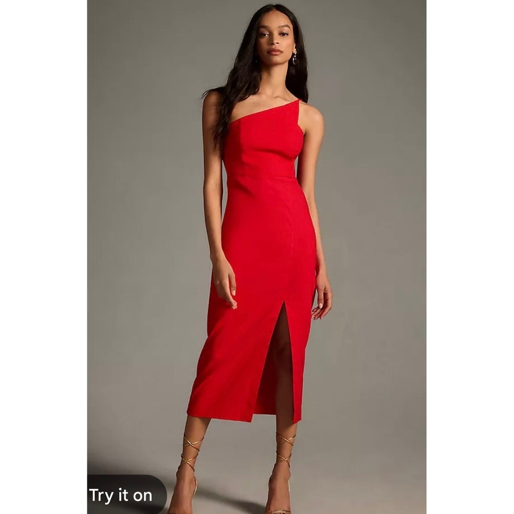 Hello Molly Red One‎ Shoulder Midi Dress Front Slit Cocktail Sheath US 4 Small